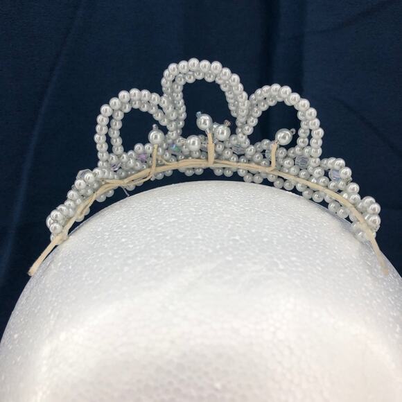 American VINTAGE 90's Handmade Mini Tiara Beaded w/ Pearl Silver Crystal Beads - Picture 4 of 4